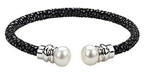 Honora White Button Freshwater Pearl w/Sterling Silver & Black Leather Bracelet LB5826BL
