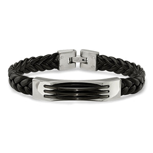 Stainless Steel & Black Leather Bracelet